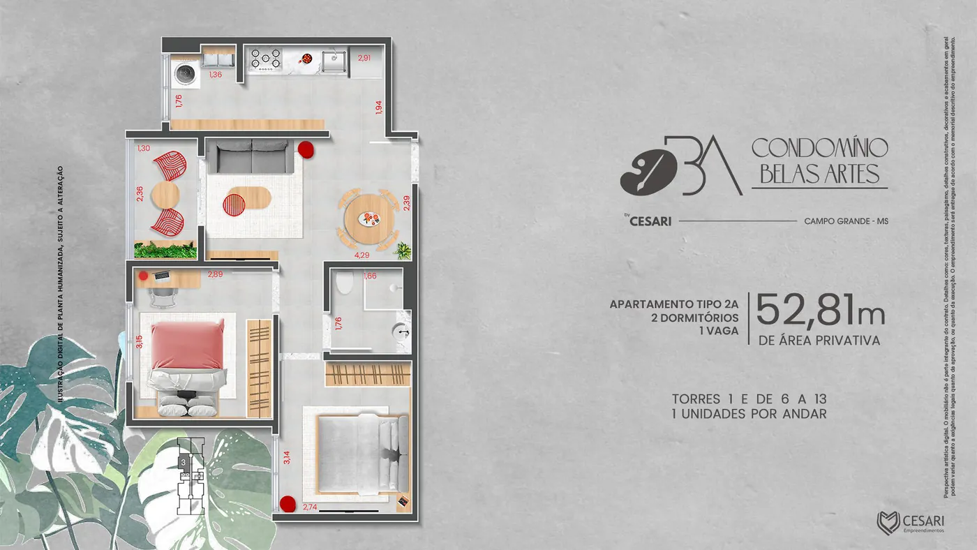 Planta do apartamento tipo 3, 53,02 m² privativos