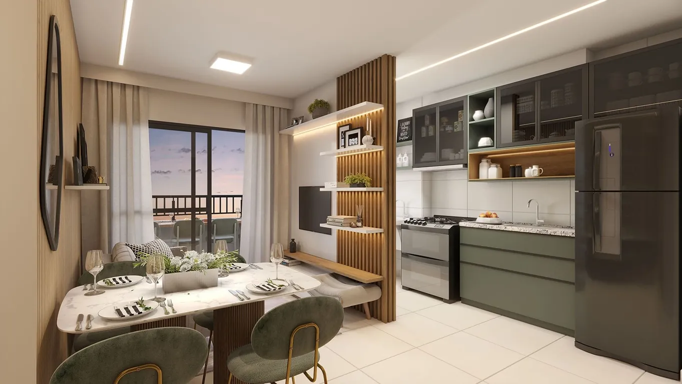 Sala, cozinha e varanda integradas