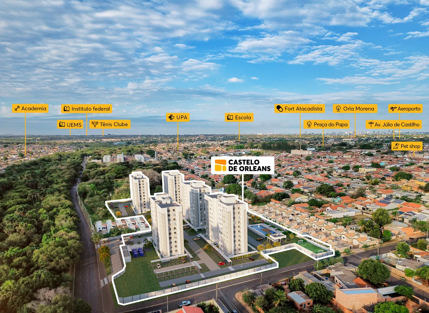 Vista aérea com os pontos de referência do bairro