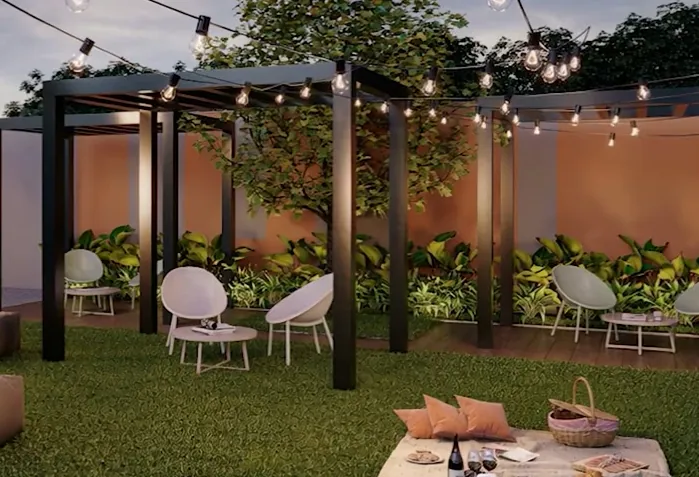 Espaço gourmet ao ar livre, com pergolado