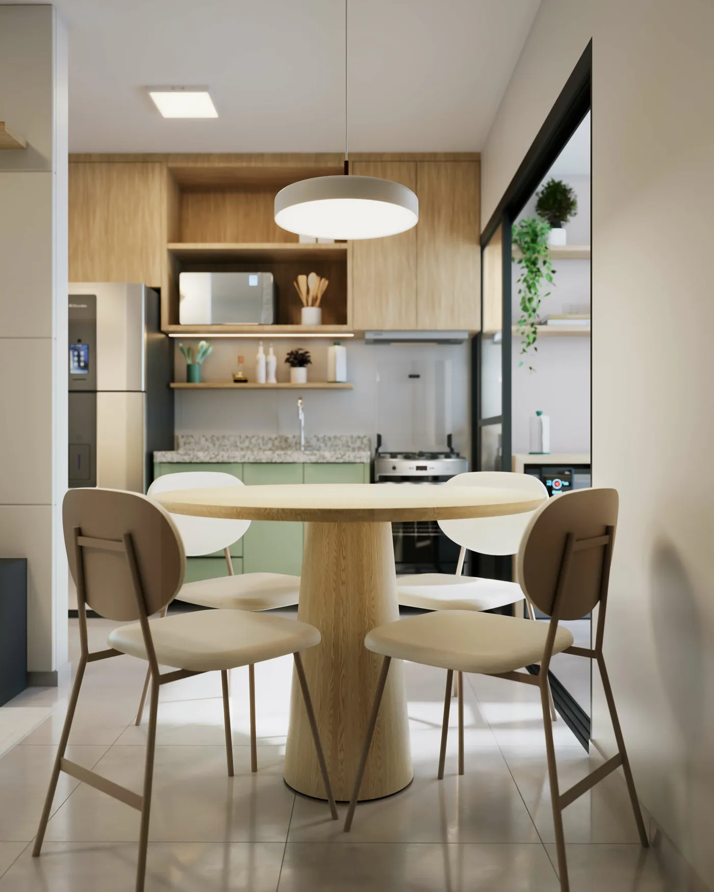 Cozinha e sala de jantar decoradas