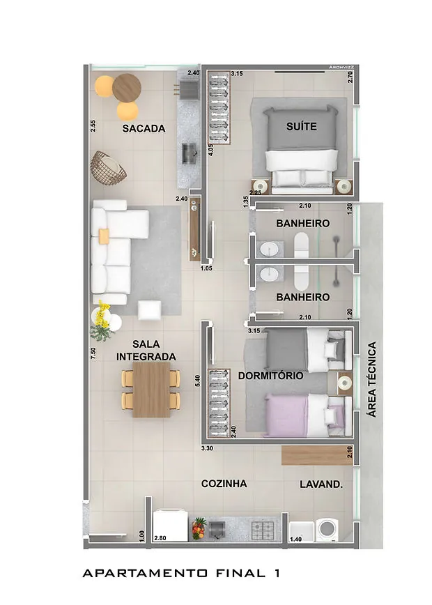 Planta do apartamento de 2 dormitórios