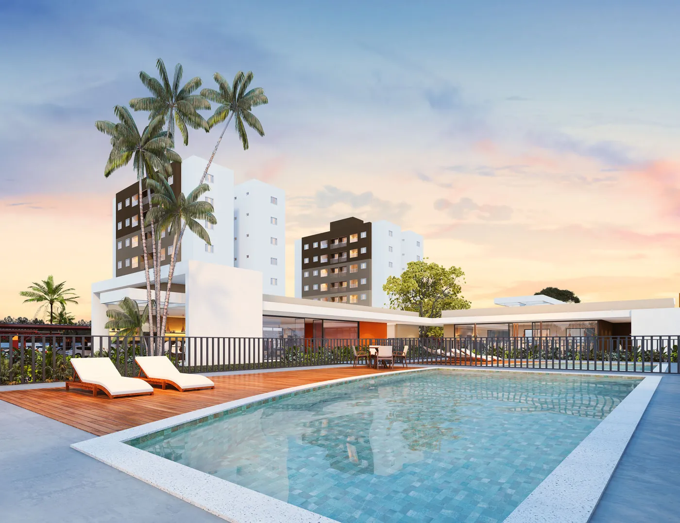 Piscina e deck com as torres ao fundo