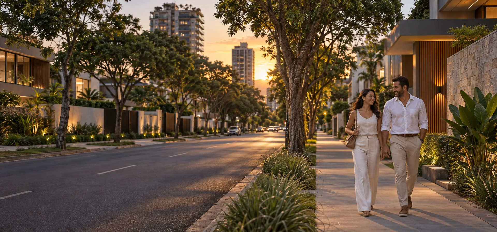 Imagem ilustrativa de rua residencial arborizada com edifícios